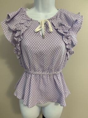 NWT Umgee Lilac White Peplum Blouse with Ruffle Details